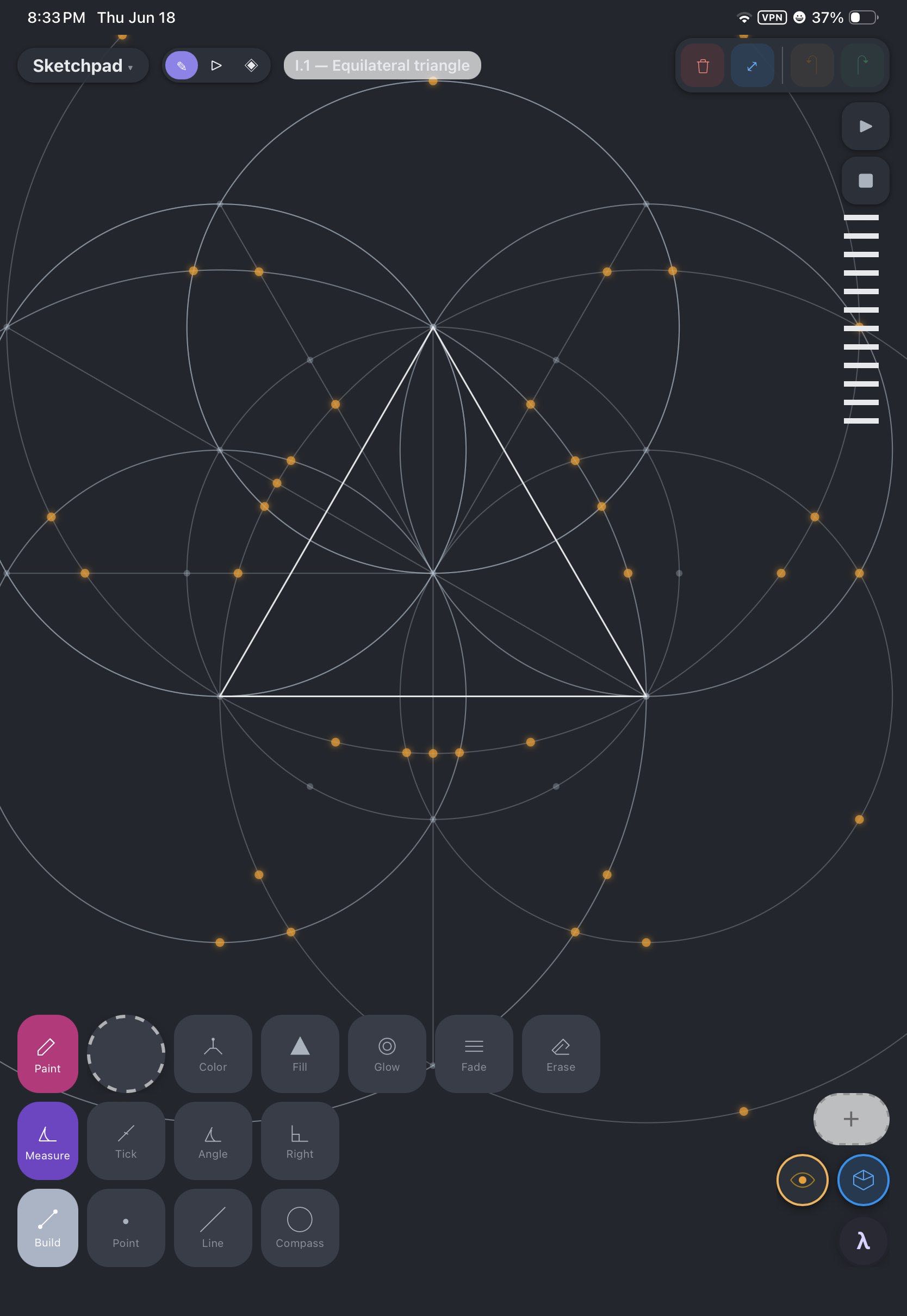 Element Sketchpad showing Euclid’s Proposition 1.1, the equilateral triangle construction